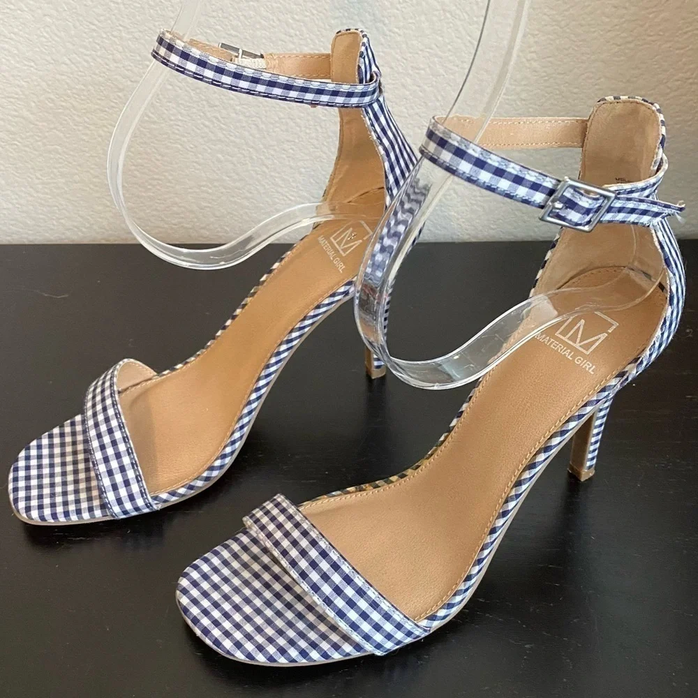 Material Girl Gingham Checkered Plaid Heels Size 9 Navy Blue White Coquette